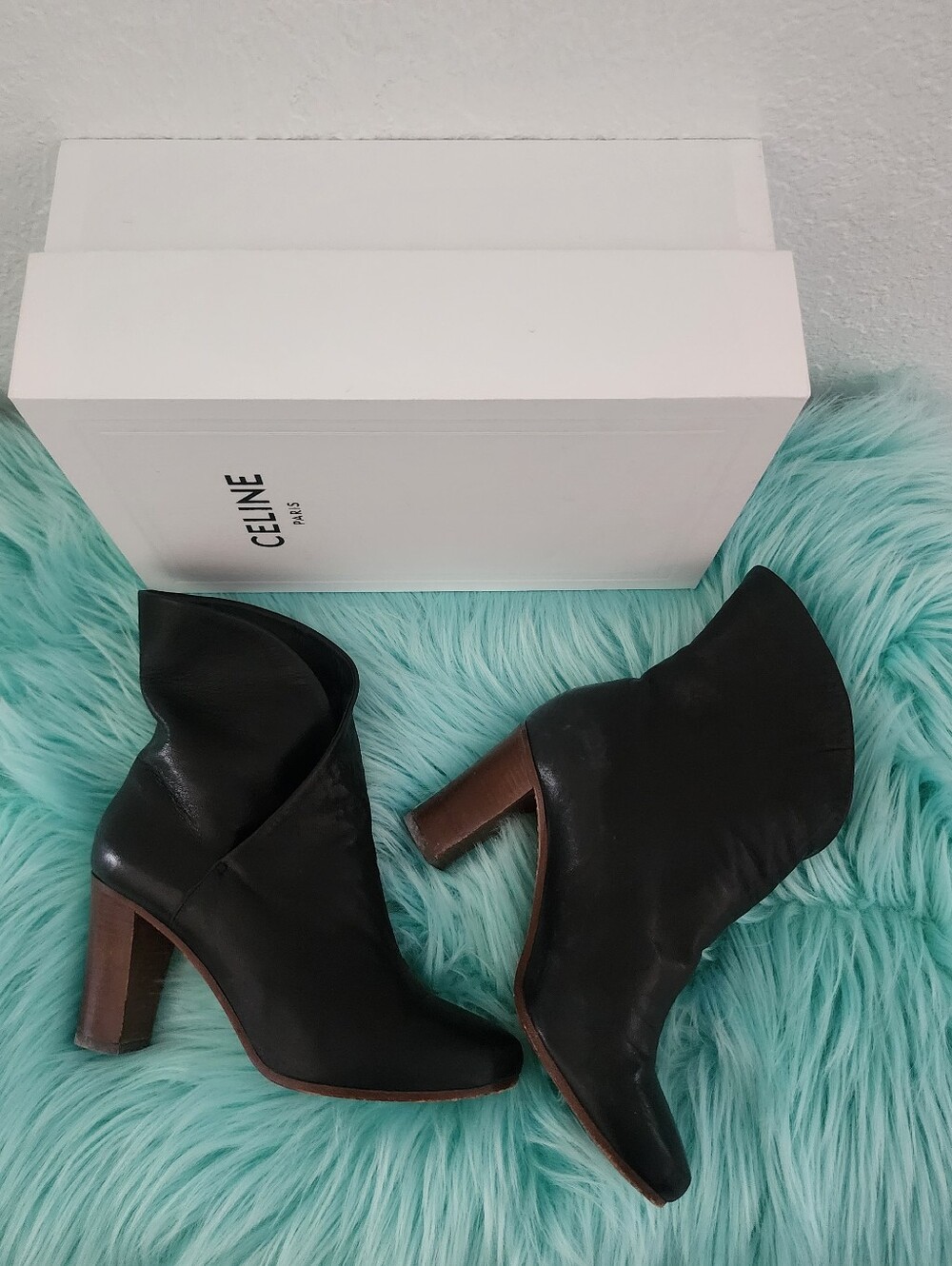 CELINE | Black Leather Wrap Ankle Boots - Picture 4 of 15